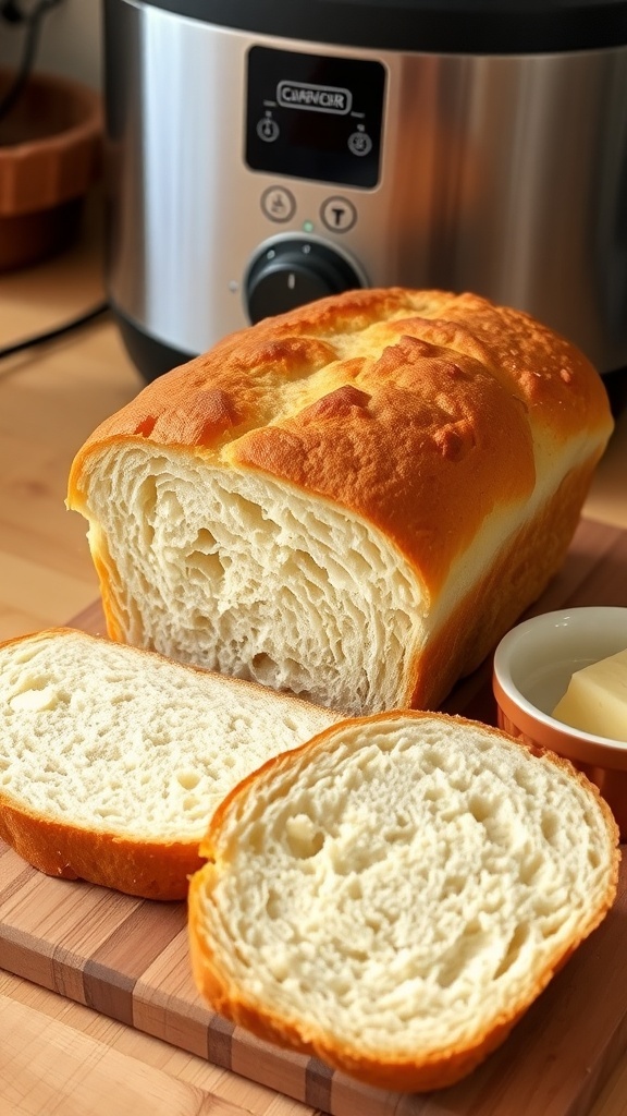 Freshly baked homemade bread loaf sliced on a wooden board with butter.
